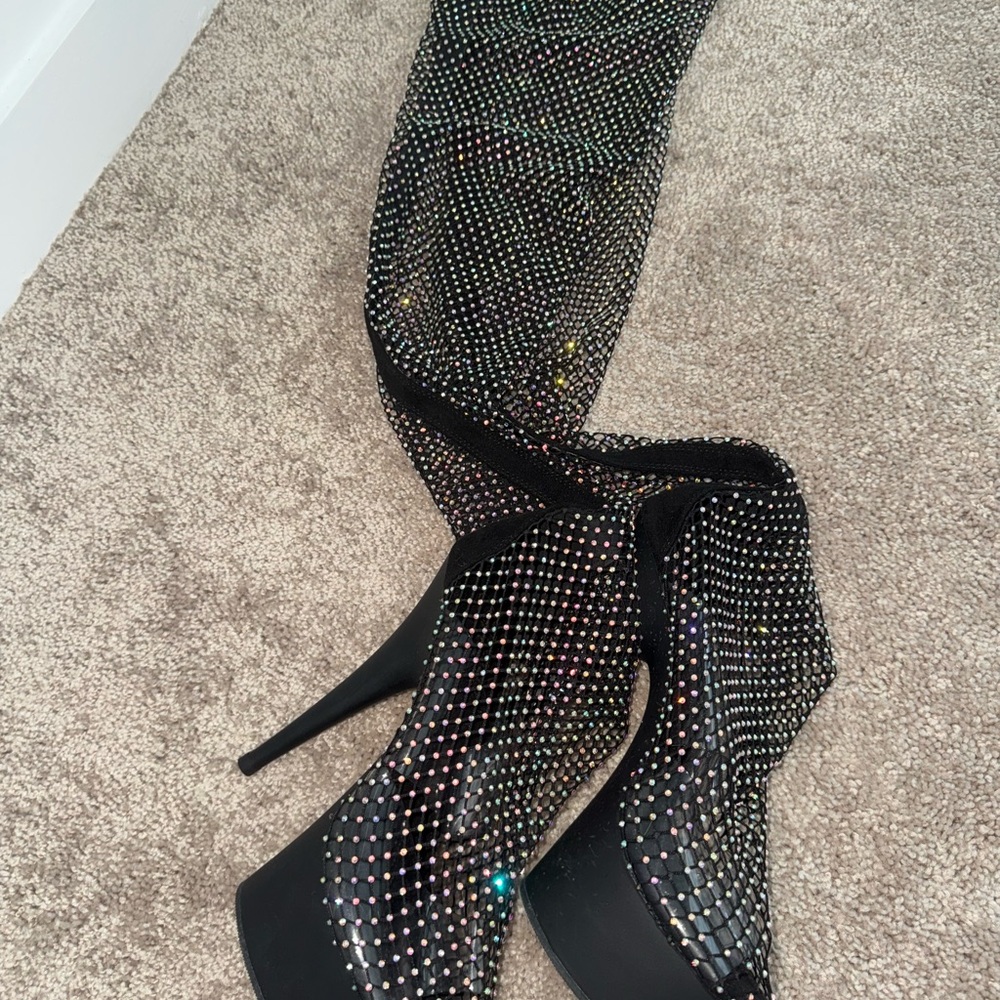 Pleaser Black Heeled Boots with Rhinestone Embellishments